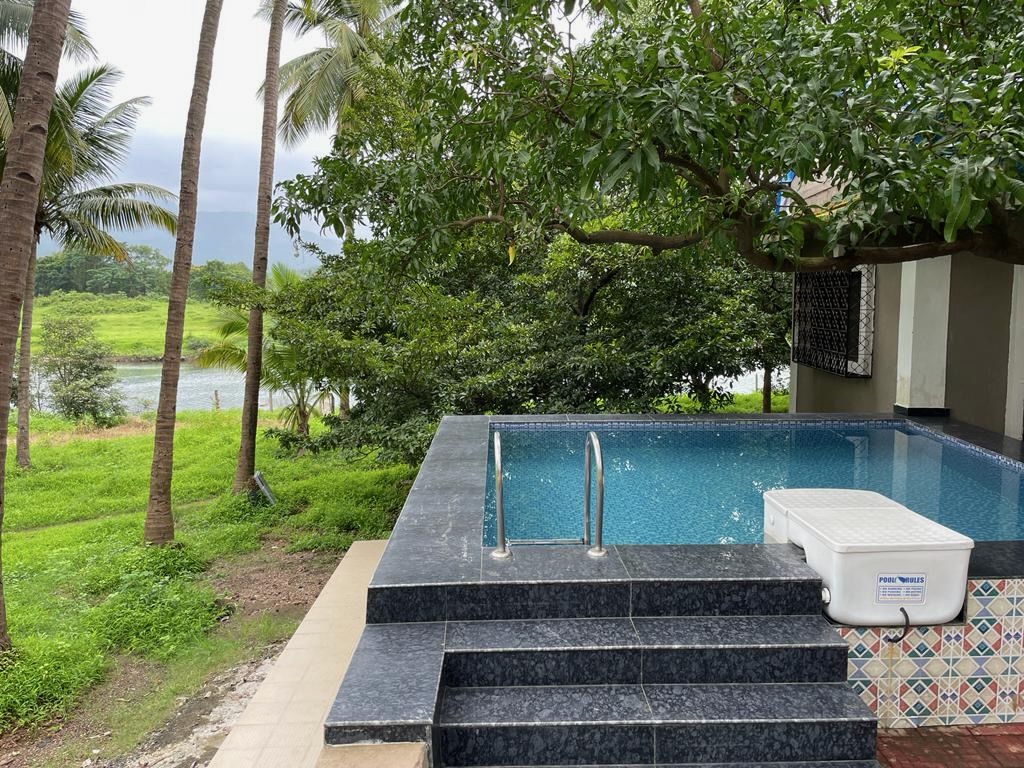 Crystal-clear plunge pool under a mango tree with mountain views